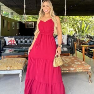 Vestido Longo Vermelho Cintura Amarrada