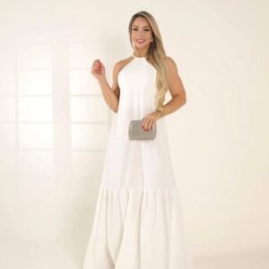 Vestido Longo Branco Gola Alta Halter